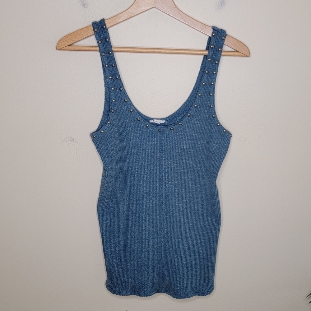 POL Blue Ribbed Scoop Neck Tank Top with Stud Details Size Large Boho Summer